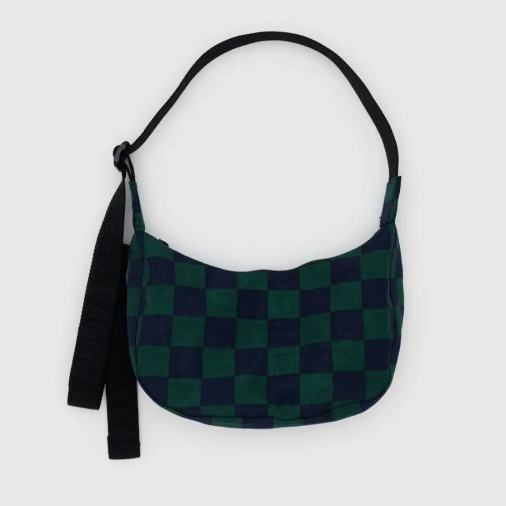 Baggu Small Crescent Bag in navy green check